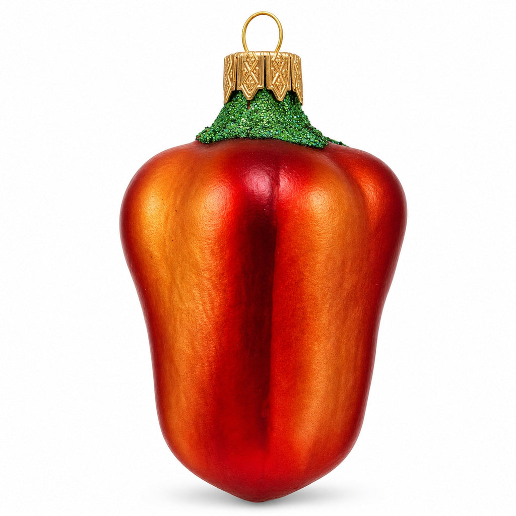 Red Bell Pepper with Green Glitter Stem Glass Christmas Ornament