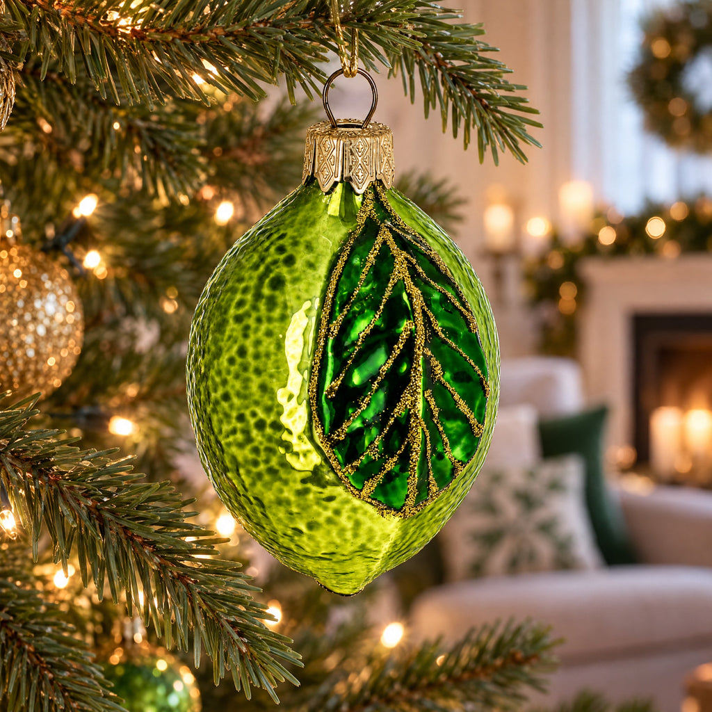 Lime with Shiny Leaf Glass Christmas Ornament