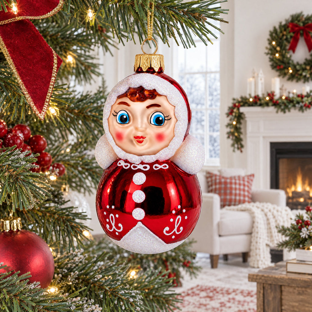Roly-Poly Doll with Blue Eyes Glass Christmas Ornament