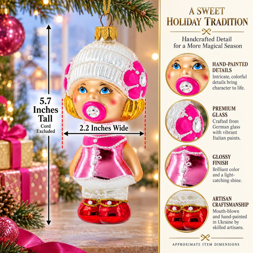 Toddler Girl With Pacifier Glass Christmas Ornament