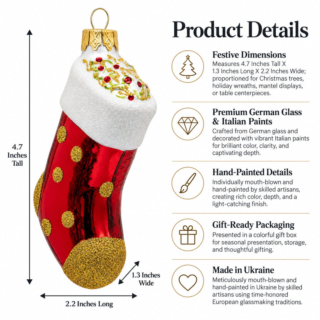 Golden Polka Dot Stocking Glass Christmas Ornament