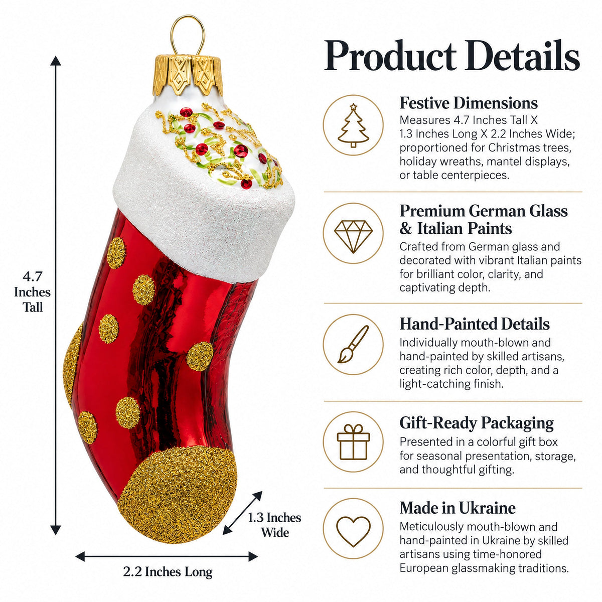 Golden Polka Dot Stocking Glass Christmas Ornament