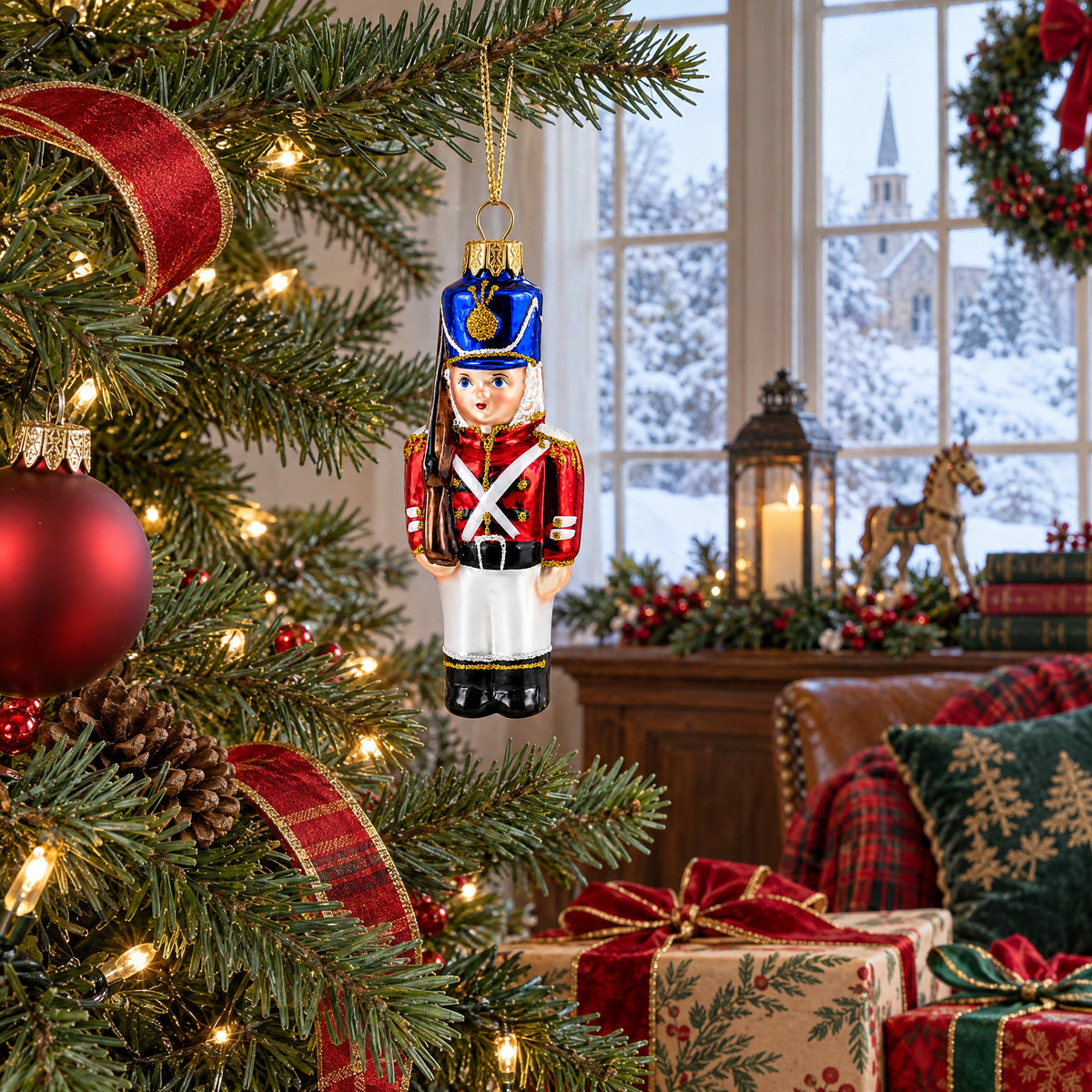 Retro Soldier Holding Rifle Glass Christmas Ornament