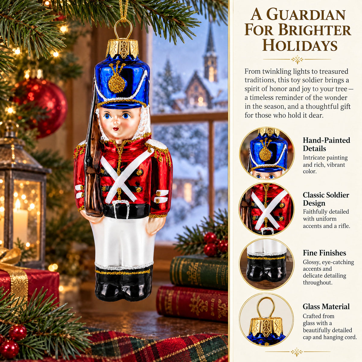 Retro Soldier Holding Rifle Glass Christmas Ornament