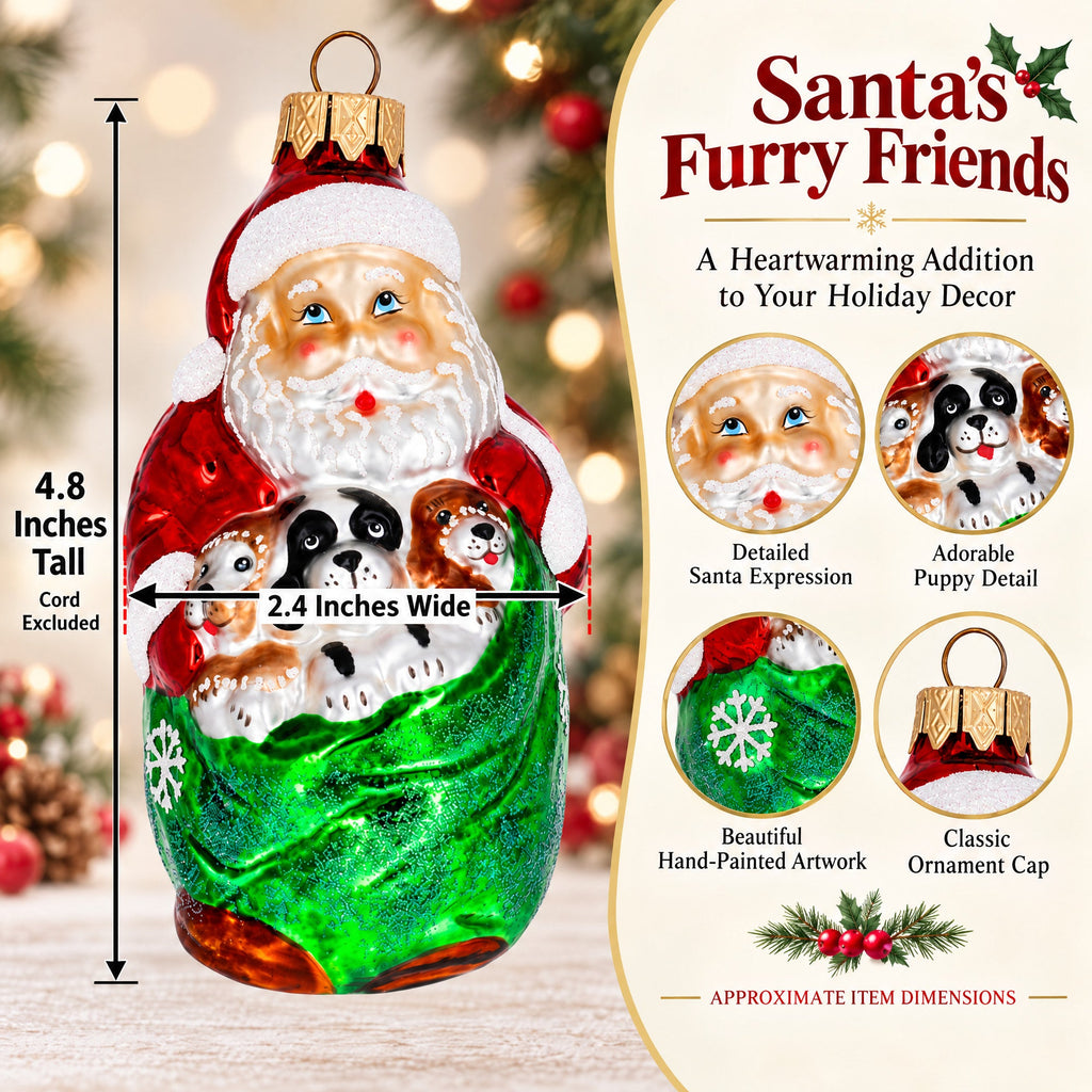 Santa with 3 Puppies Glass Christmas Ornament