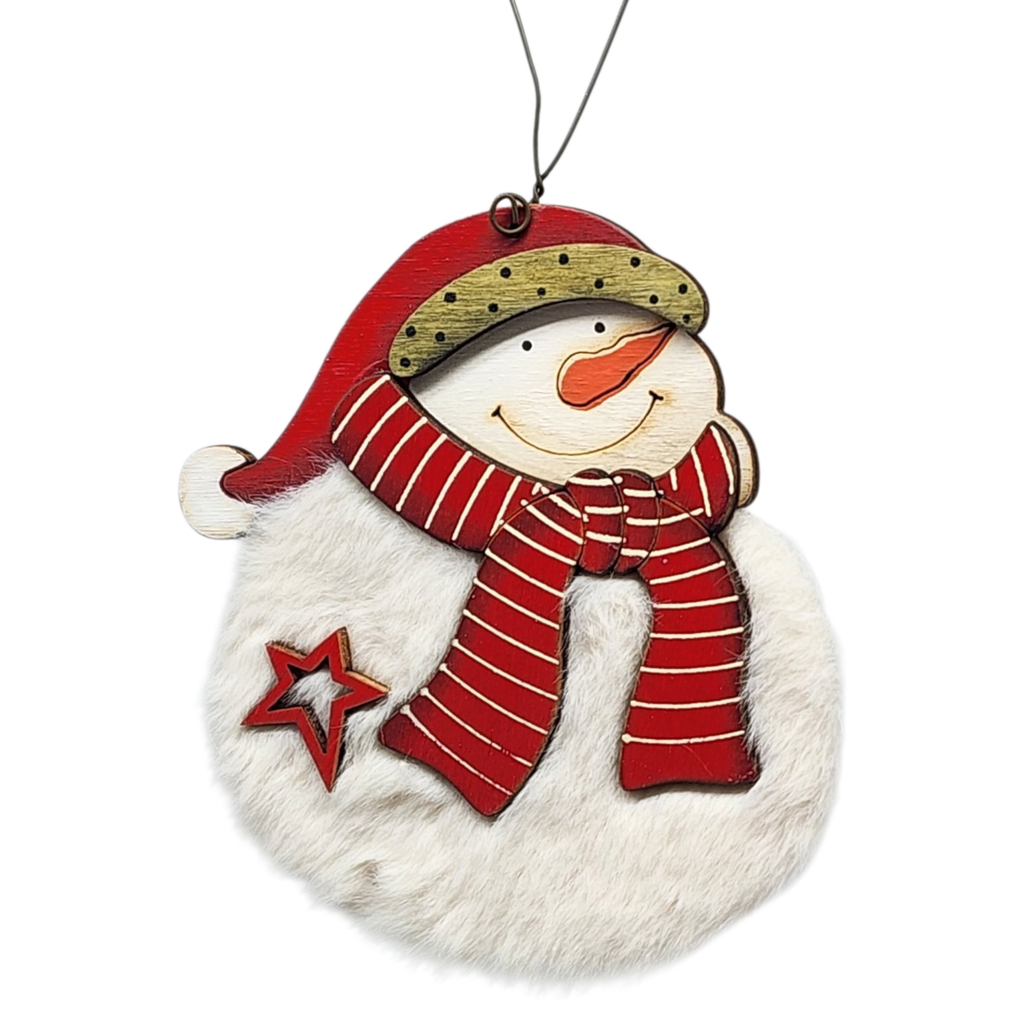 Fuzzy Wooden Snowman Ornament - 4 Inches