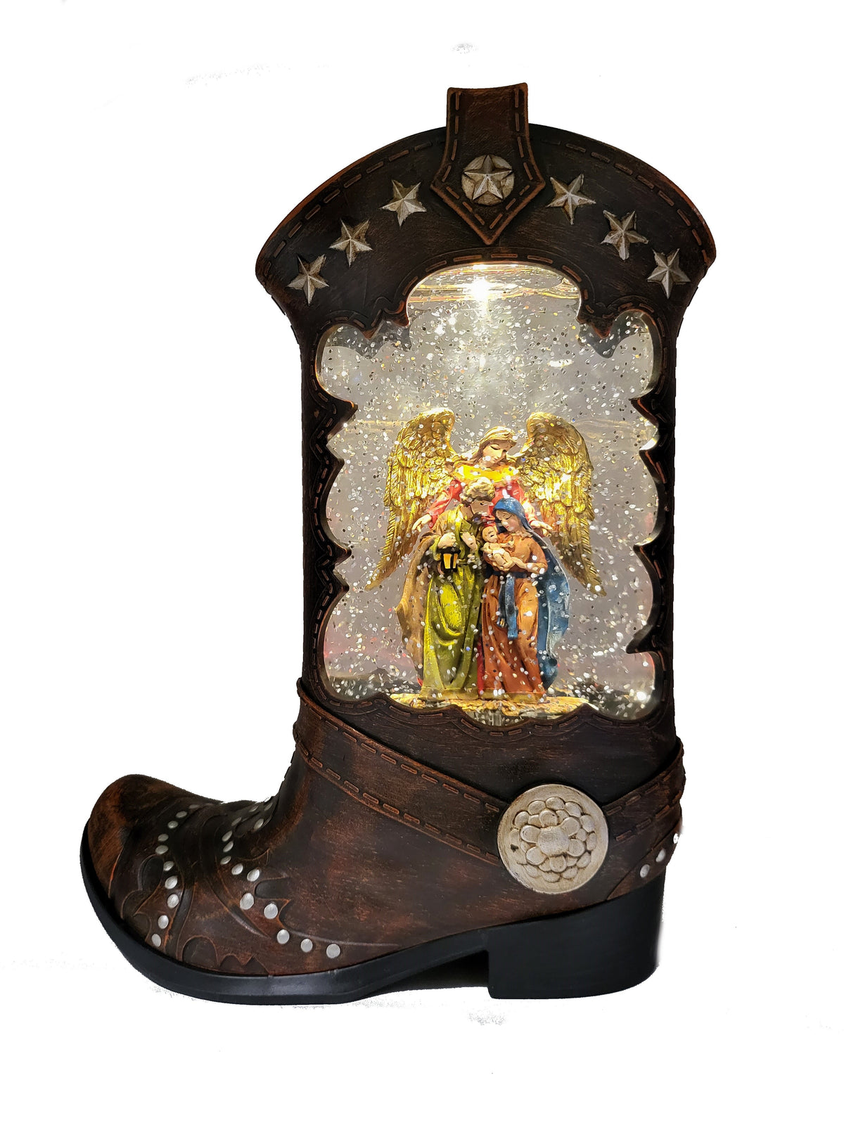 Lighted Spinning Waterglobe Boot with Nativity Figurine -