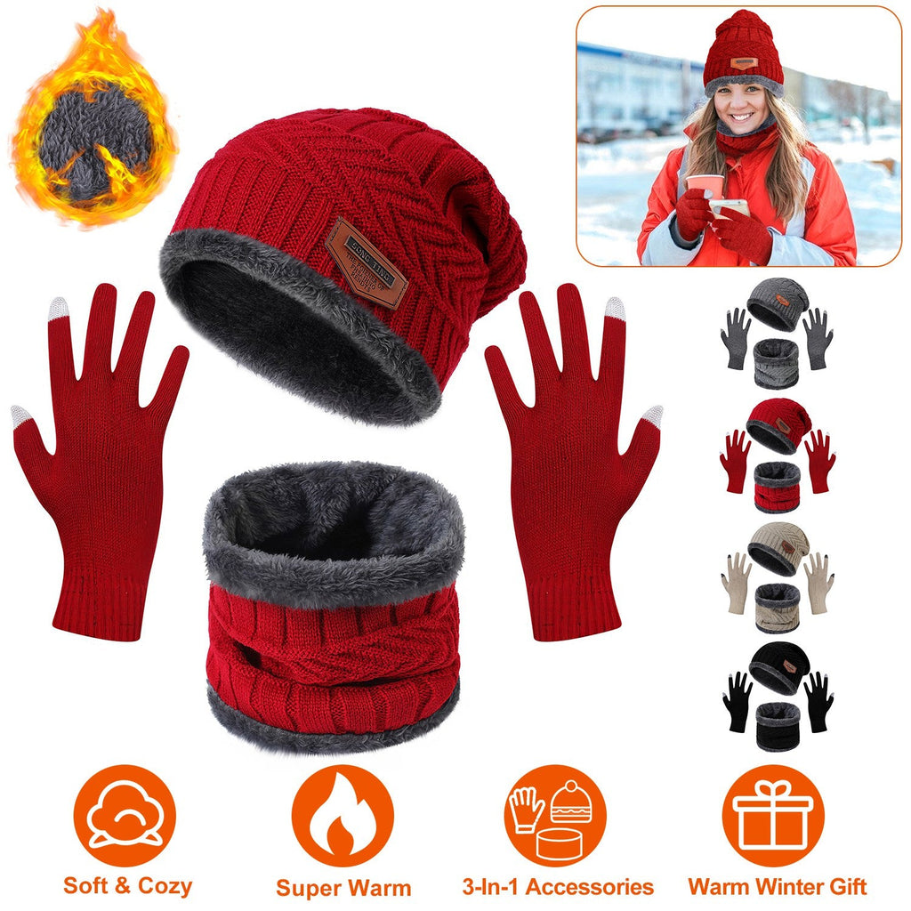 Winter Hat, Scarf and Gloves Set, Red