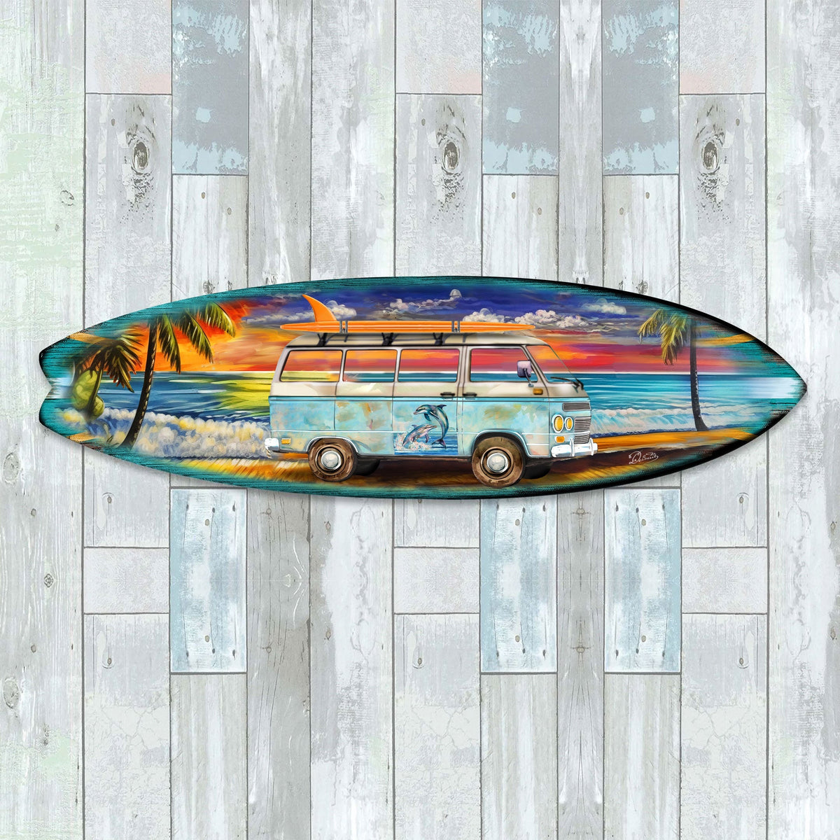 Beach Surf Van Surfboard Coastal Wooden Wall Art by G. DeBrekht - Handcrafted Coastal Holiday Decor Made in the USA - 8490120-3HS