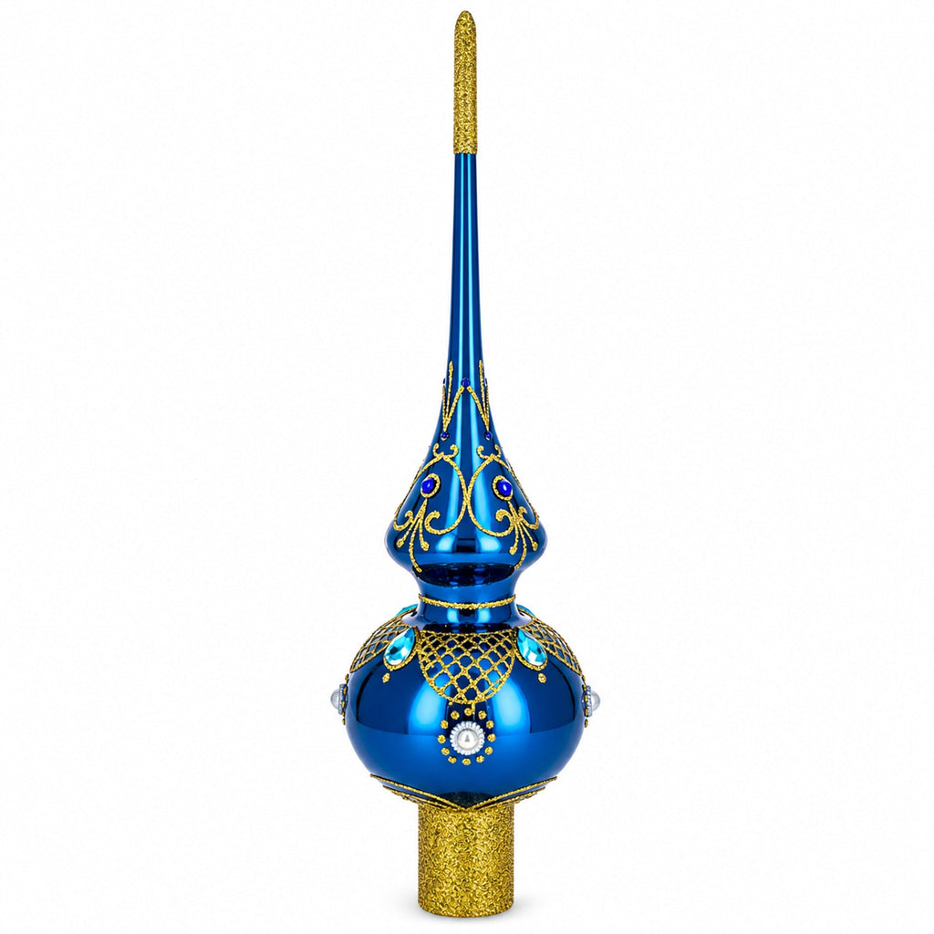 Blue Jewels and White Pearls on Glossy Blue Glass Christmas Tree Topper 11 Inches
