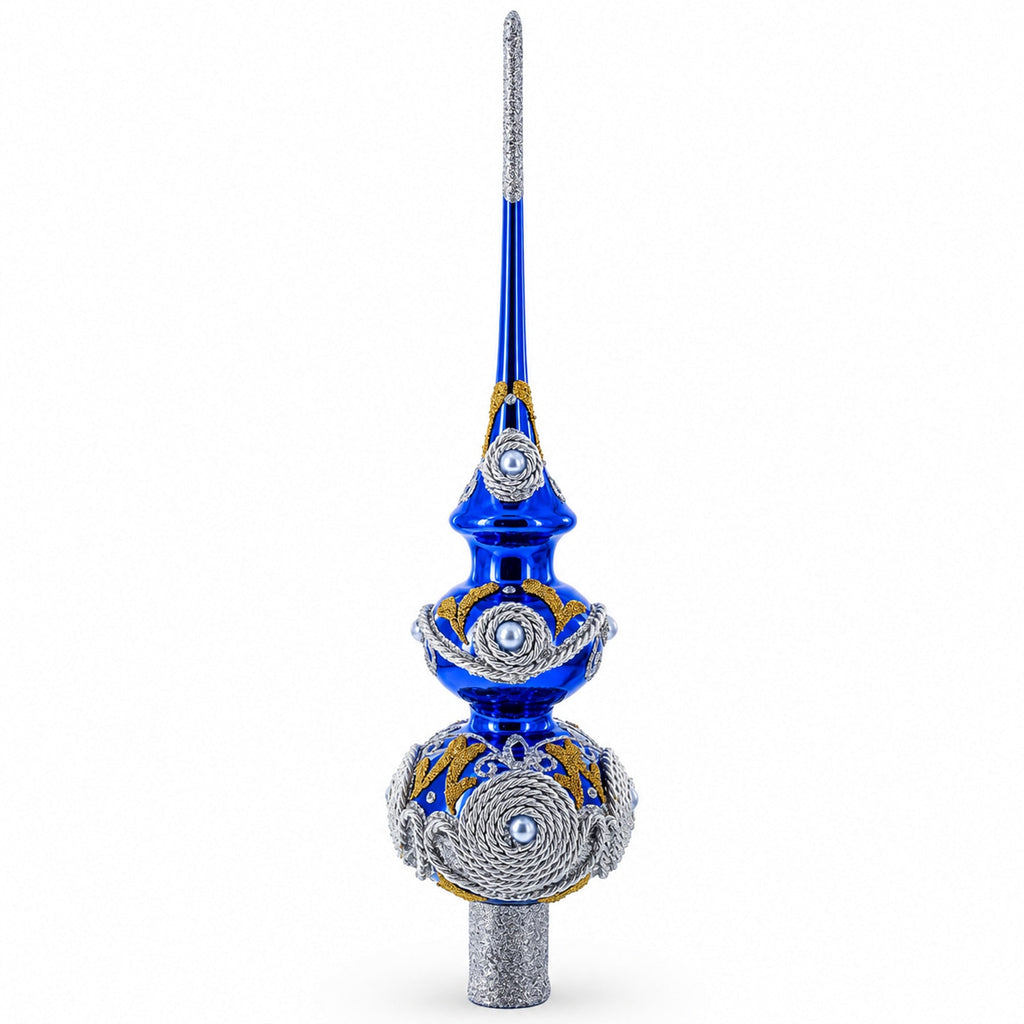 Pearls and Twisted Rope on Double Ball Blue Glass Christmas Tree Topper 12.5 Inches