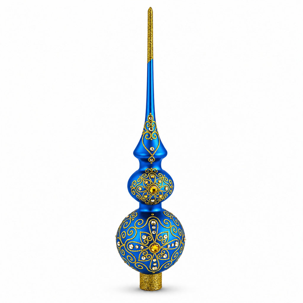 Golden Swirls on Blue Double Ball Glass Christmas Tree Topper 16 Inches