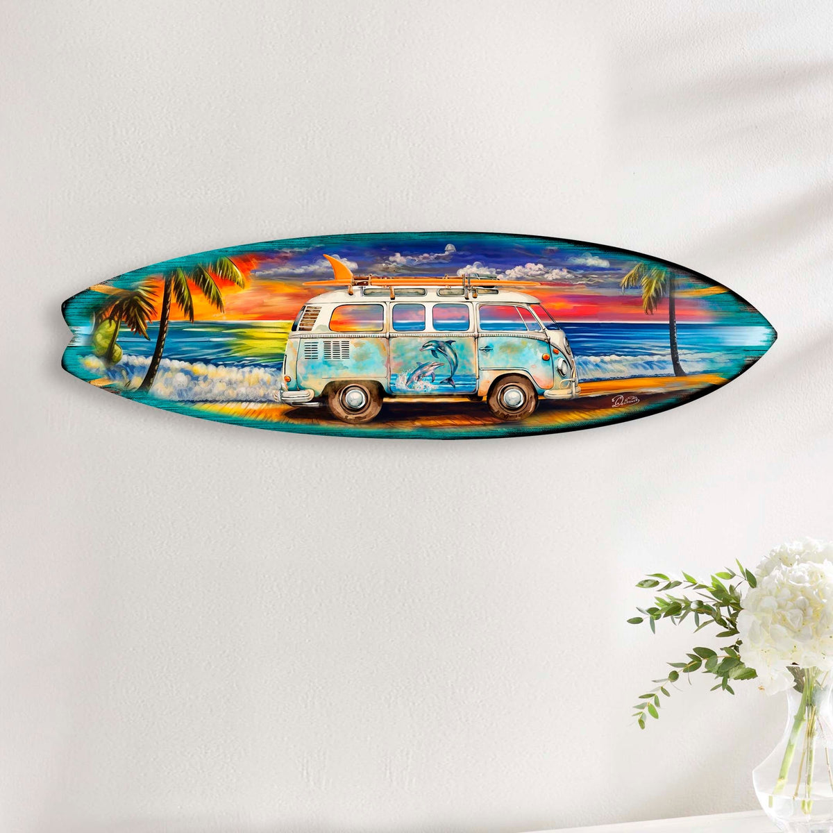 Surf Van at the Beach Surfboard Coastal Wall Art by G. DeBrekht - Coastal Holiday Decor - 8490120-2HS