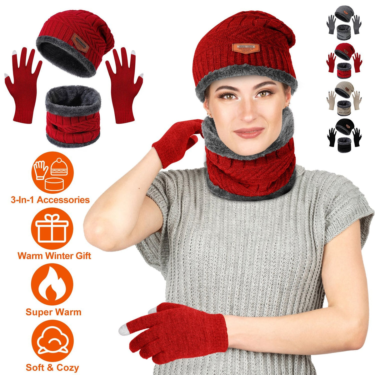Winter Hat, Scarf and Gloves Set, Red