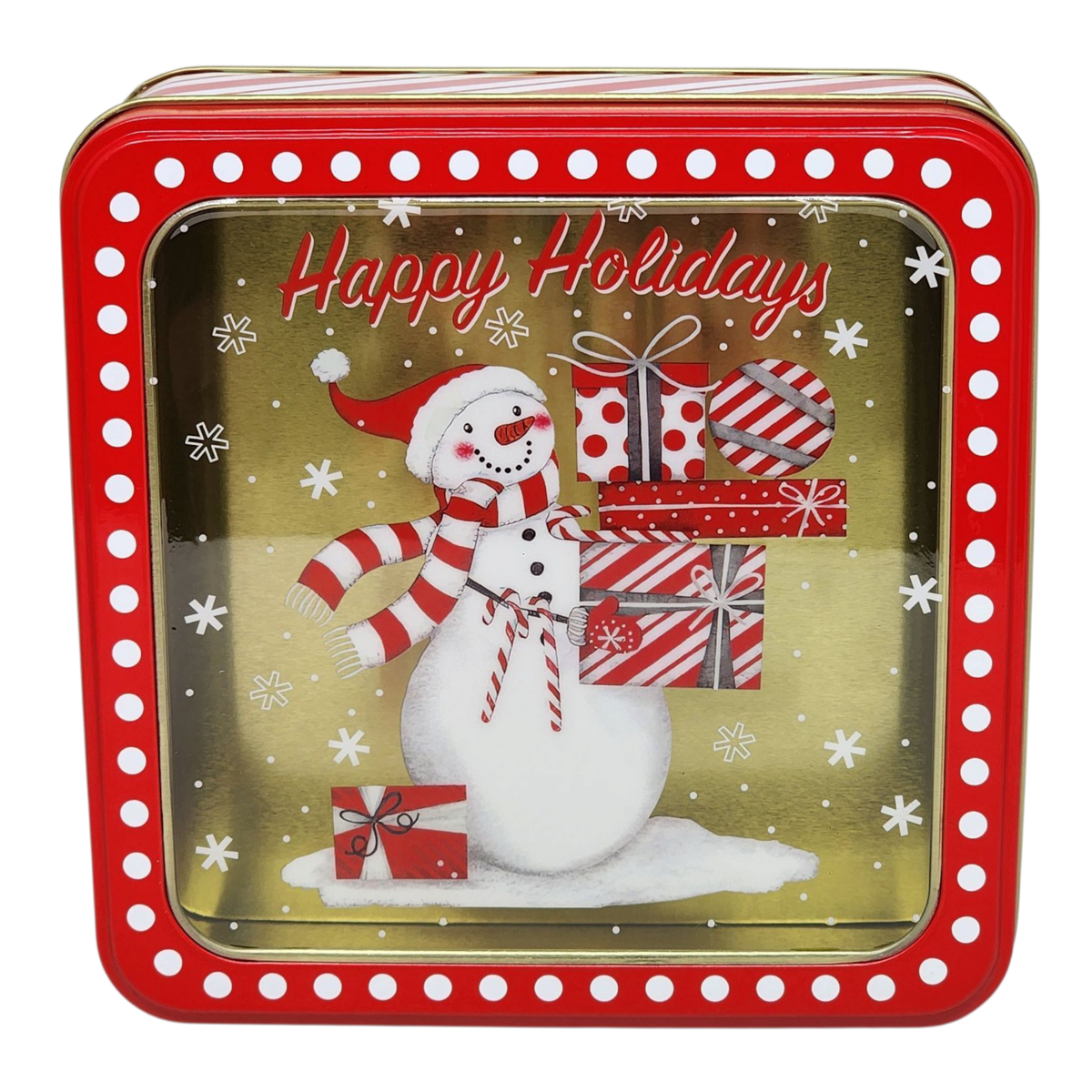 Square Cookie Tin with Window - Happy Holidays Snowman