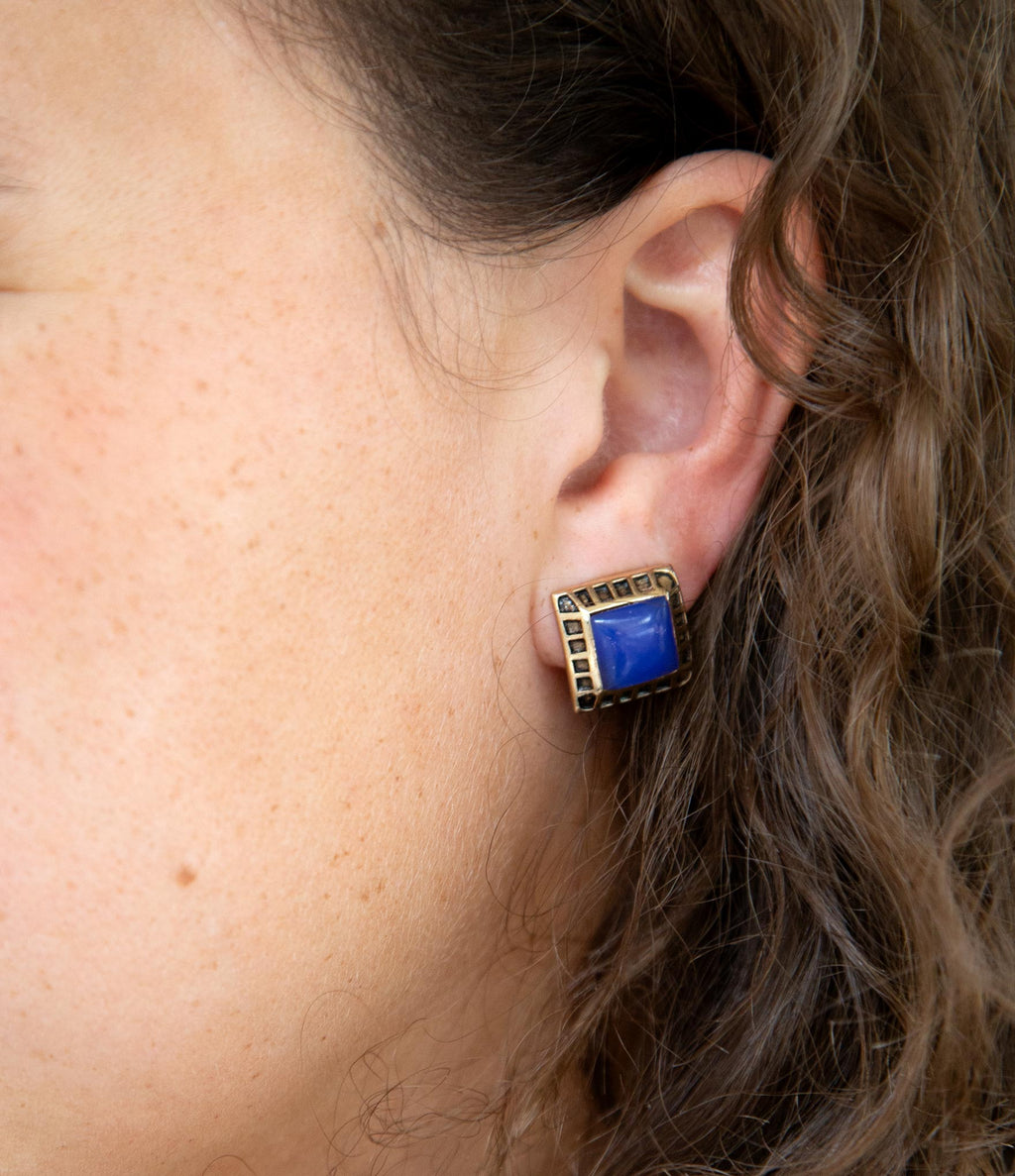 Blue Agate Golden Clip Earrings