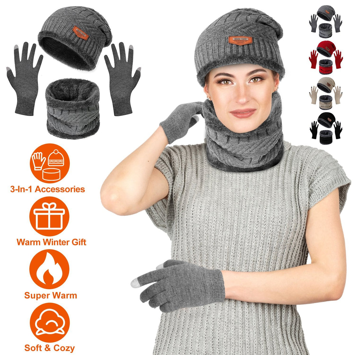 Winter Hat, Scarf and Gloves Set, Gray