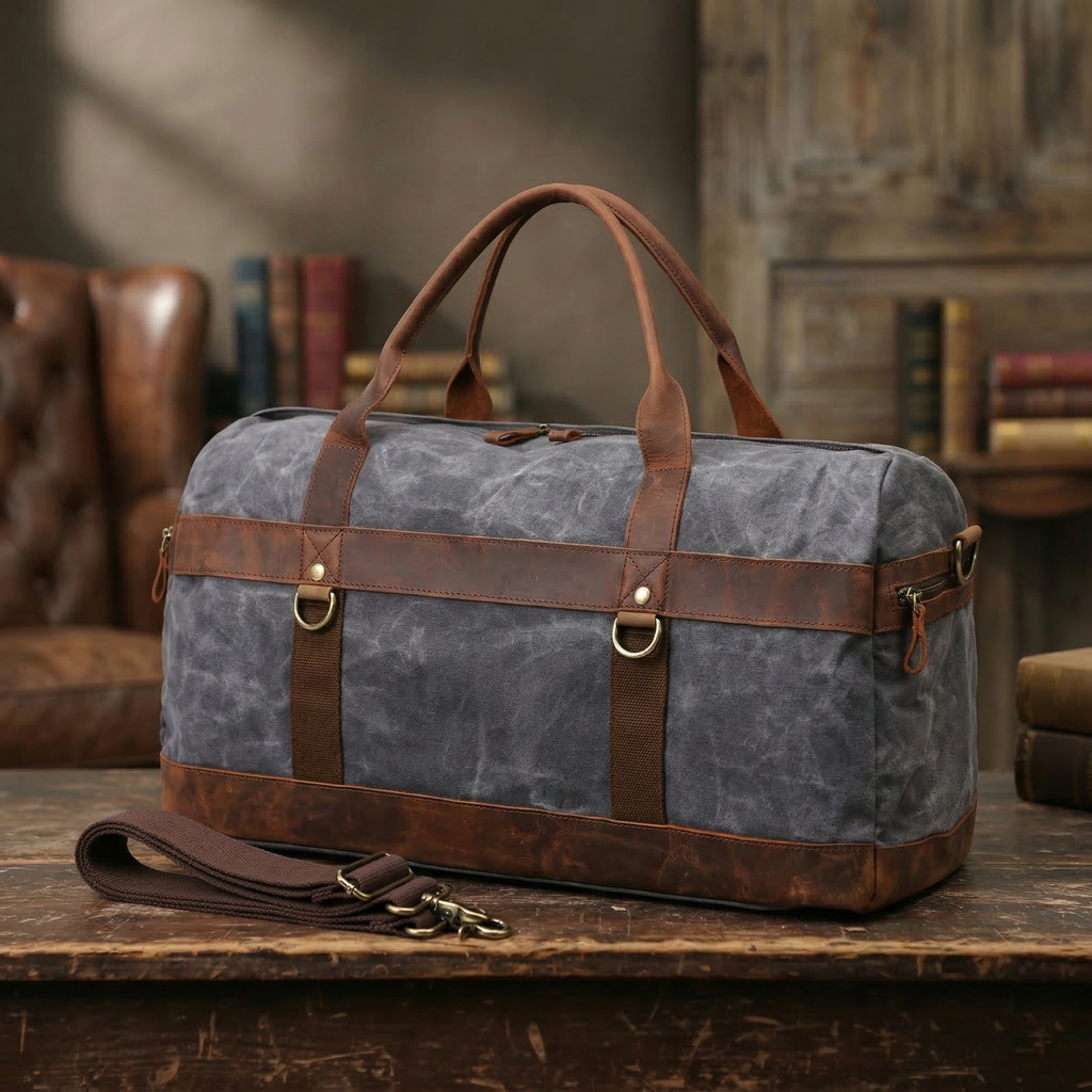 Canvas Duffle Bag with Leather Trim ,Travel Duffel Bags, Overnight Bag, Weekender Bag