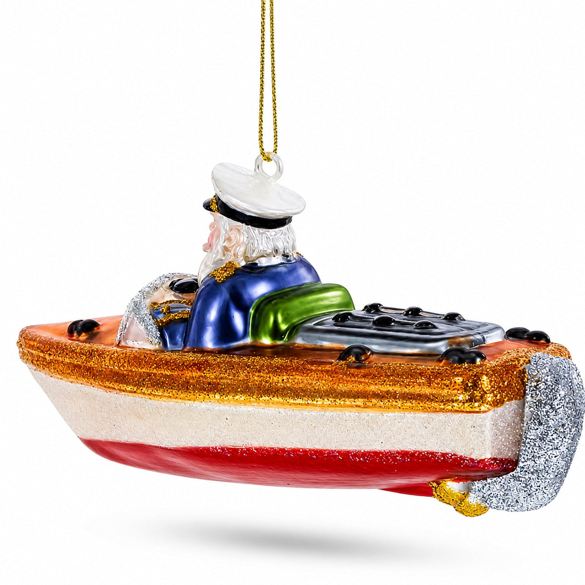 Captain Santa on a Boat Glass Christmas Ornament