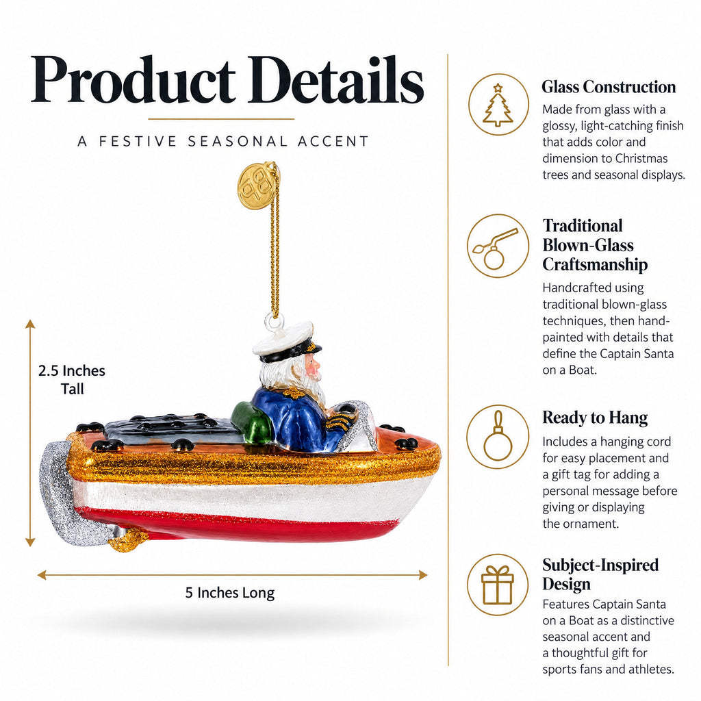 Captain Santa on a Boat Glass Christmas Ornament