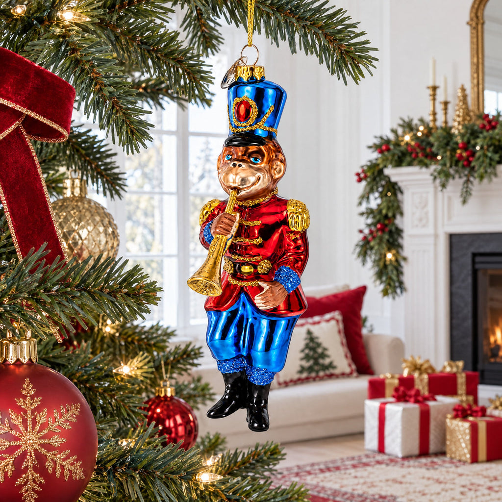 Monkey Nutcracker with Trumpet Glass Christmas Ornament