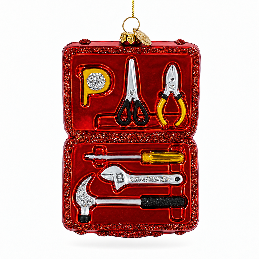 Handyman with Toolbox Glass Christmas Ornament