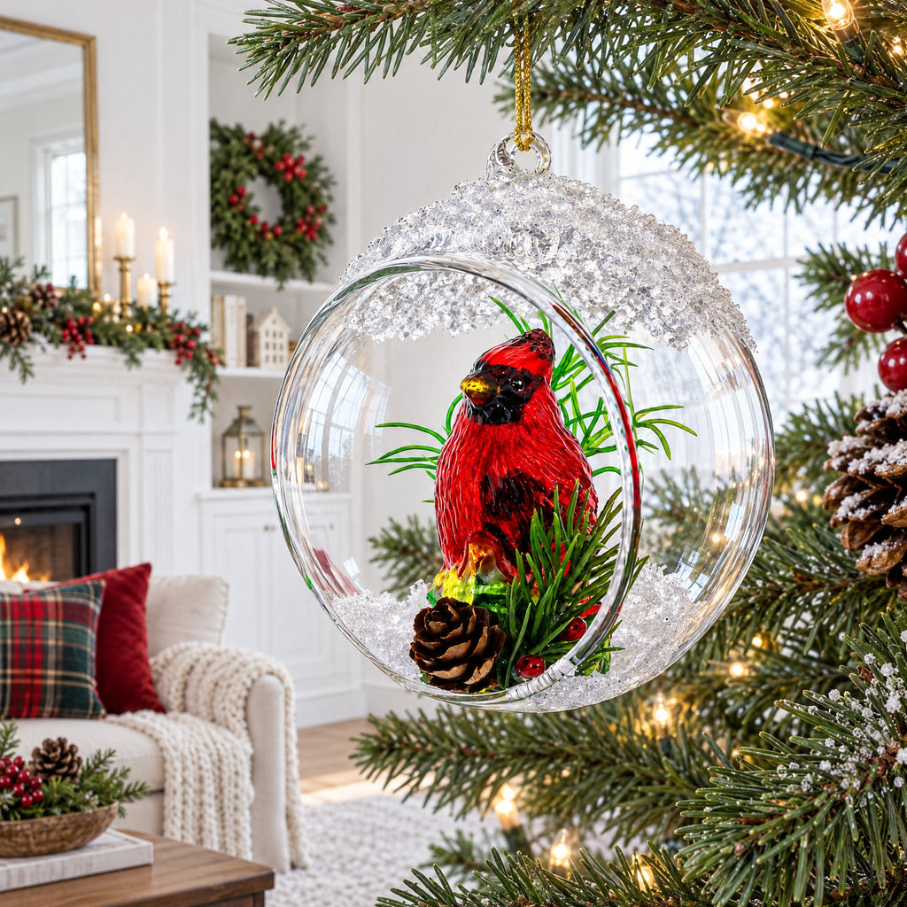Red Cardinal Bird Encased in Glass Ball Christmas Ornament