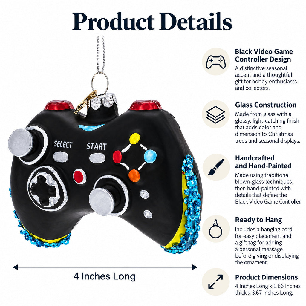 Black Video Game Controller Glass Christmas Ornament