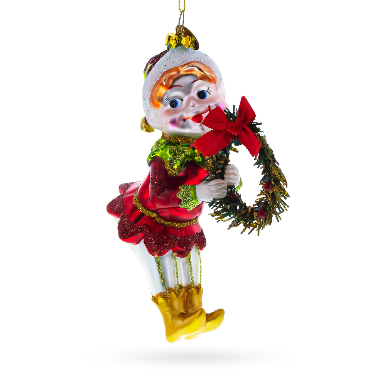 Merry Elf with Wreath Glass Christmas Ornament
