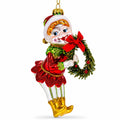 Smiling Elf with Red Bow Wreath Glass Christmas Ornament