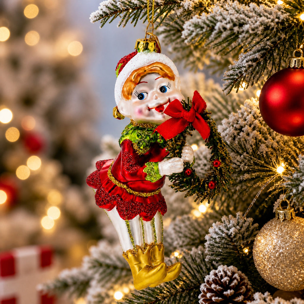Smiling Elf with Red Bow Wreath Glass Christmas Ornament