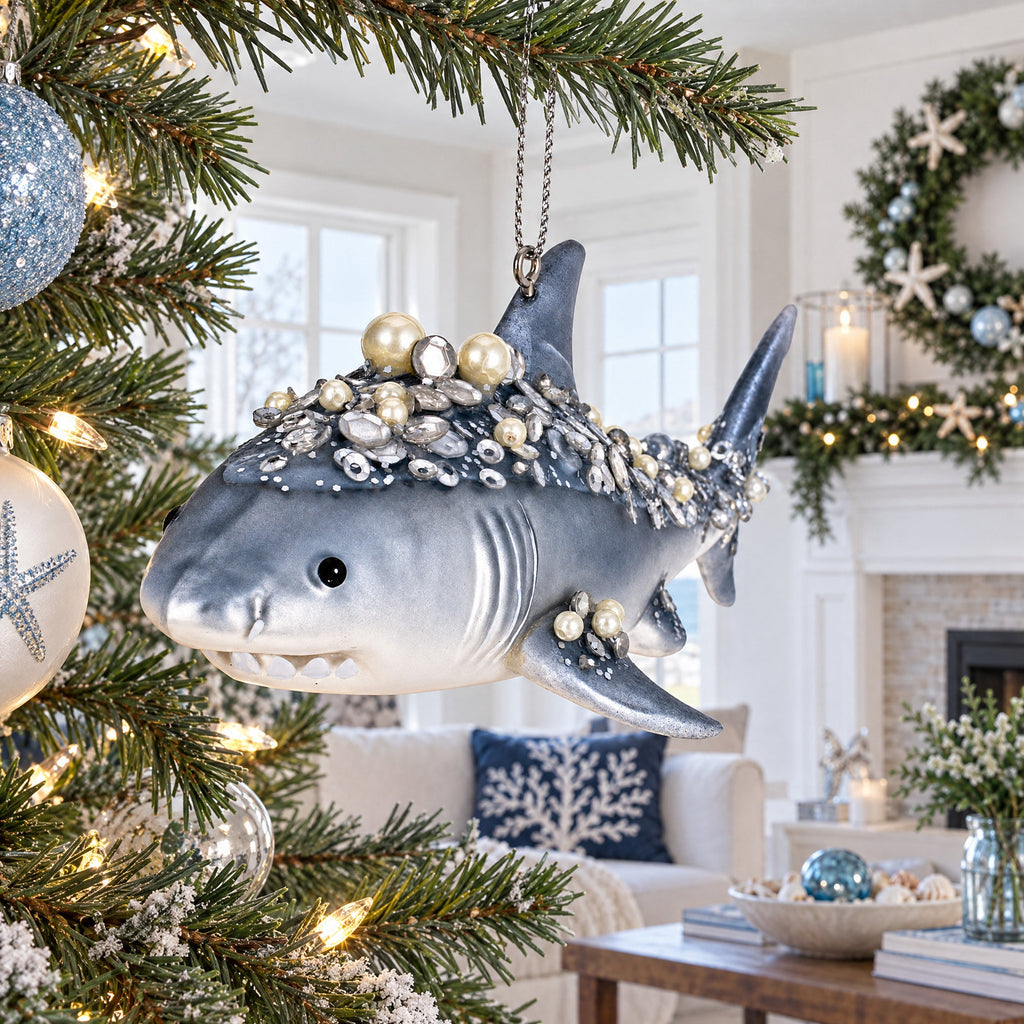 Beaded Shark Glass Christmas Ornament
