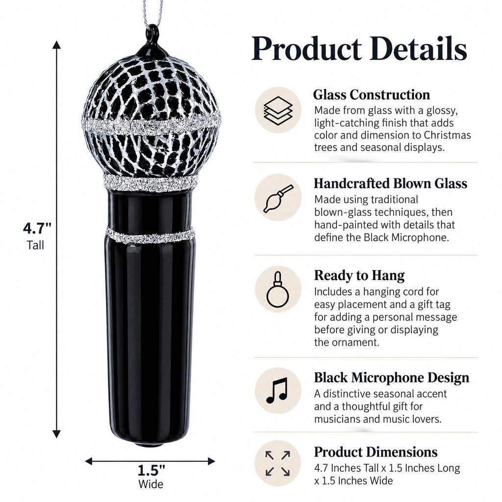 Black Microphone Glass Christmas Ornament