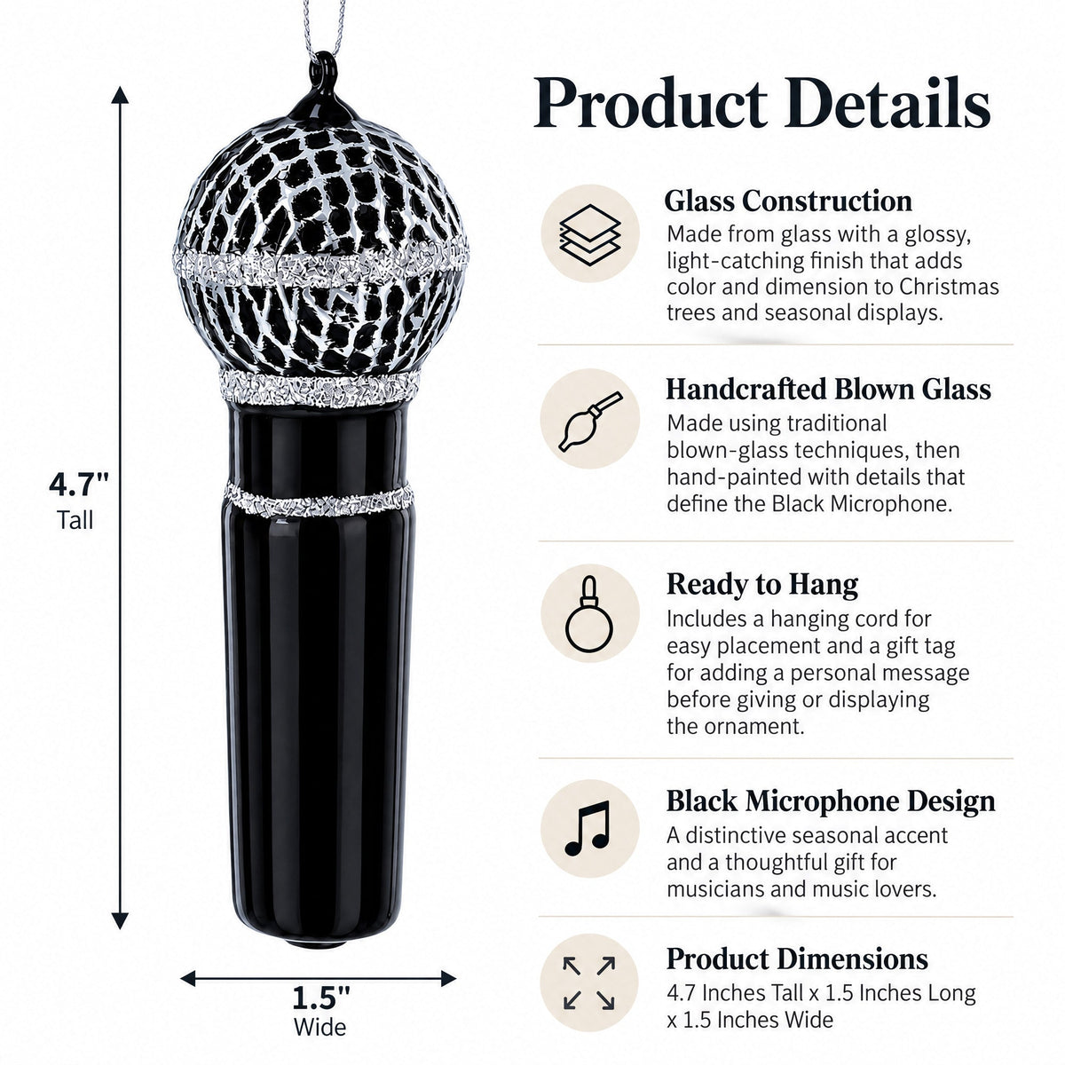 Black Microphone Glass Christmas Ornament
