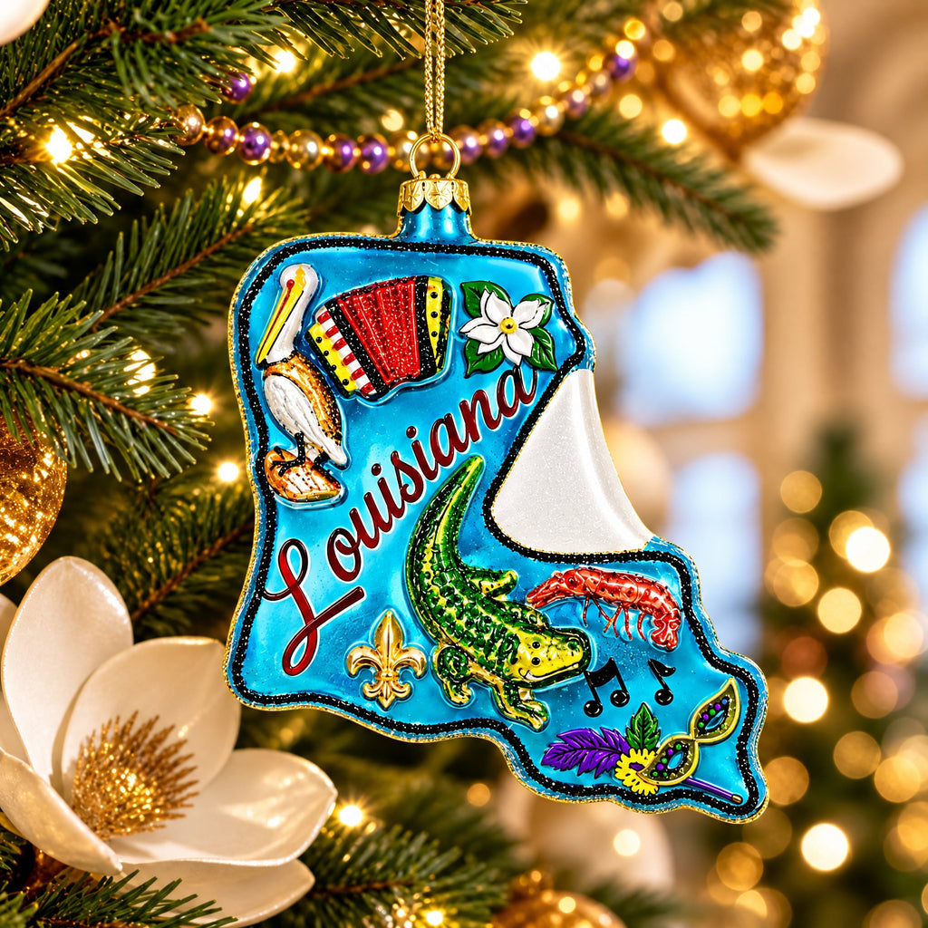 Louisiana Travel Landmarks and Symbols Glass Christmas Ornament