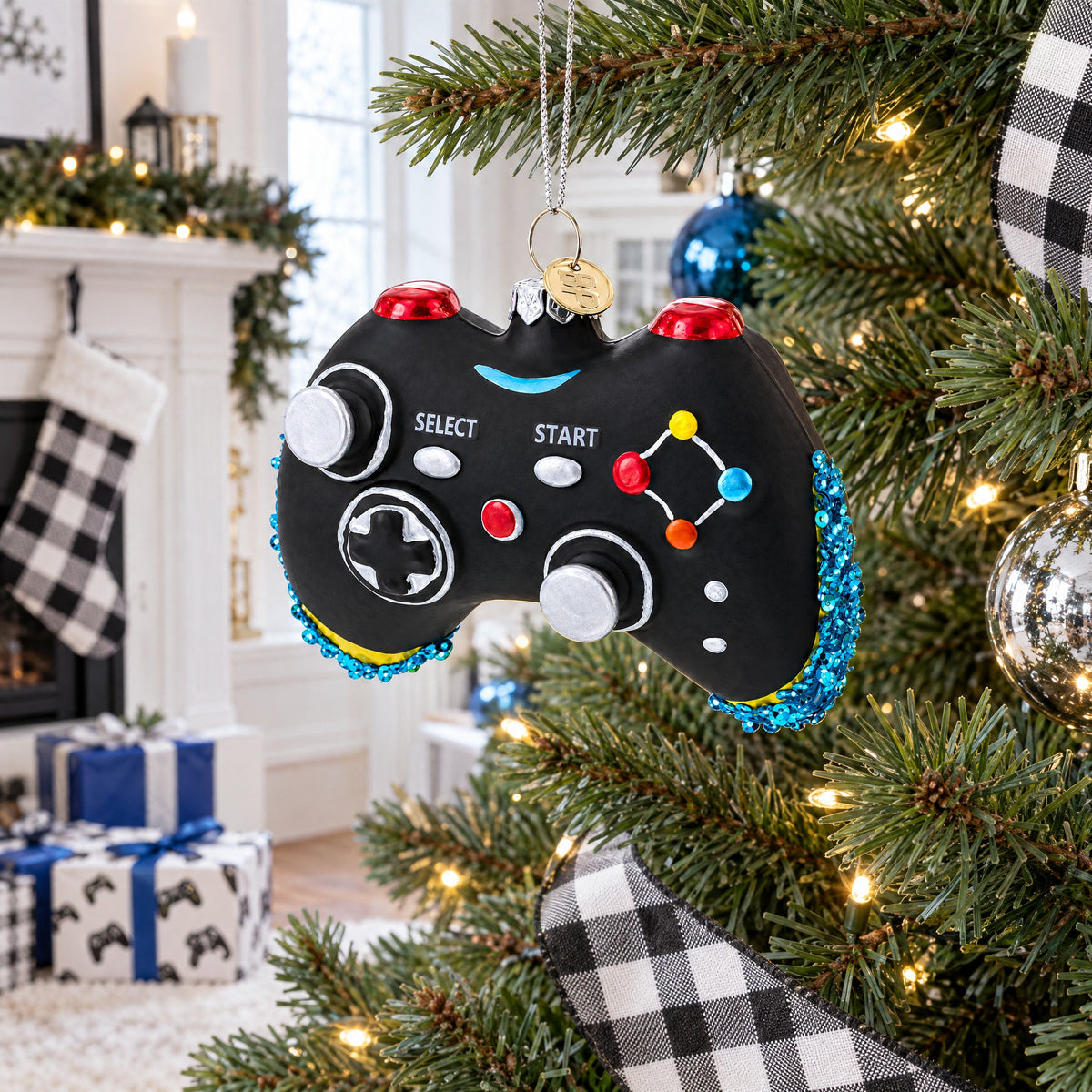 Sleek Black Video Game Controller Glass Christmas Ornament