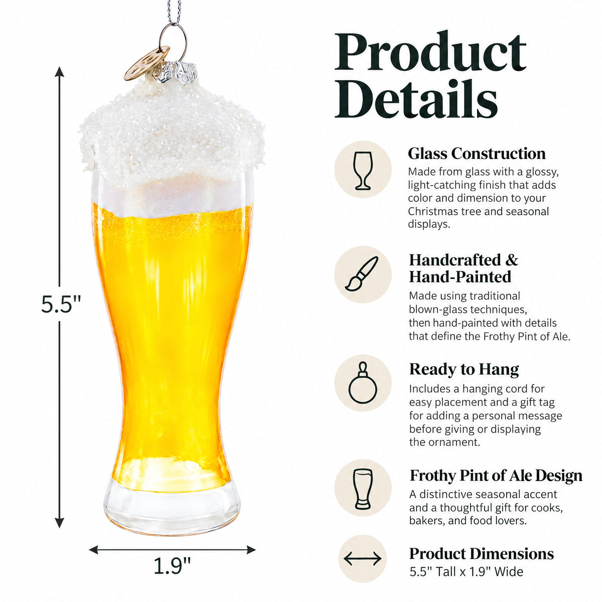 Frothy Pint of Ale Glass Christmas Ornament