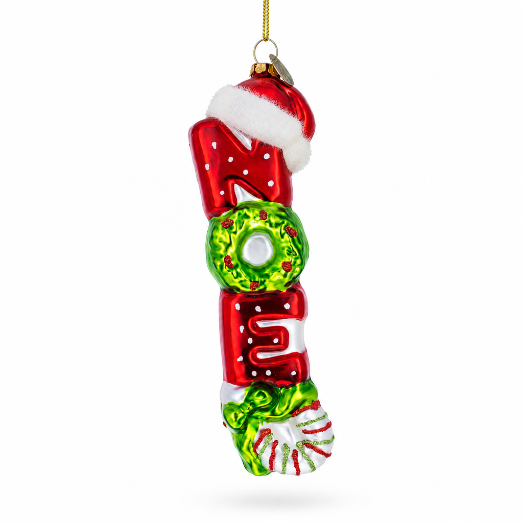 Noel Sign Topped with Santa Hat Large Glass Christmas Ornament