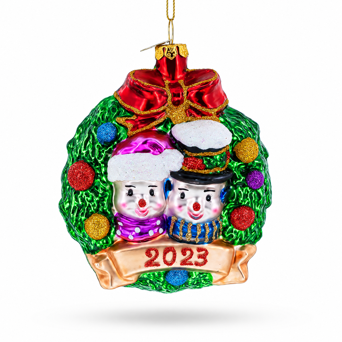 2023 Snowmen Couple in Wreath Glass Christmas Ornament