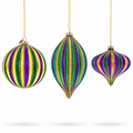 Set of 3 Mardi Gras Ribbed Glass Christmas Ornaments