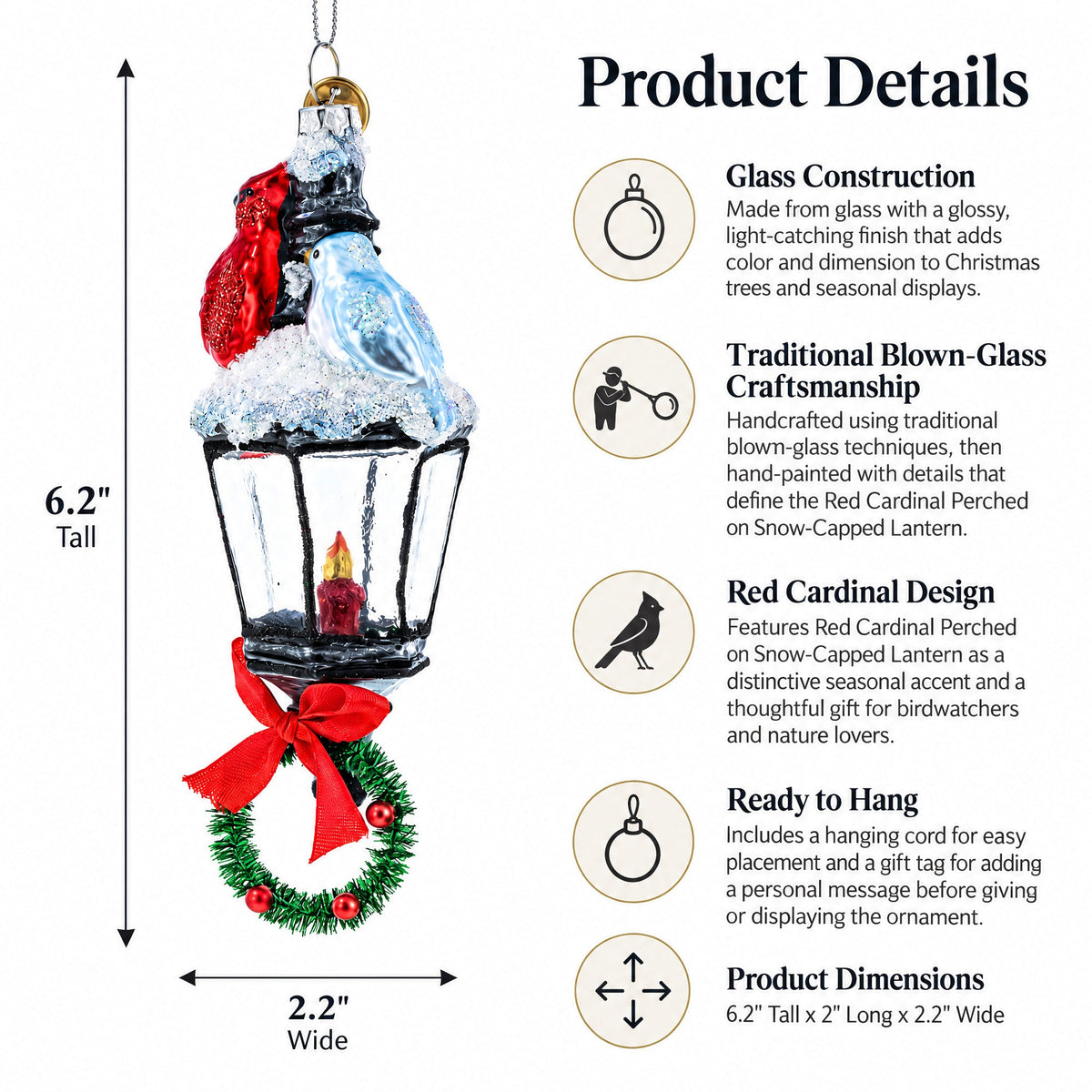 Red Cardinal Perched on Snow-Capped Lantern Glass Christmas Ornament