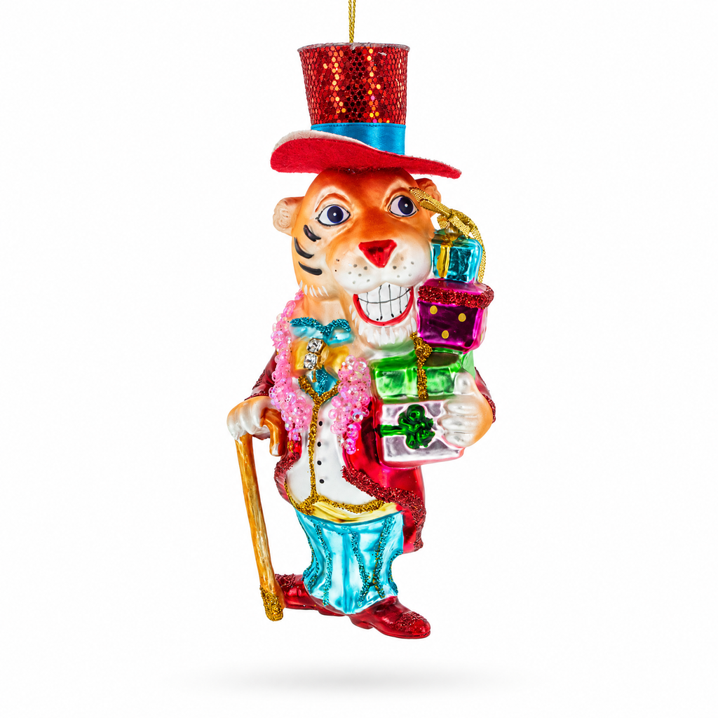 Dapper Tiger Gentleman Glass Christmas Ornament