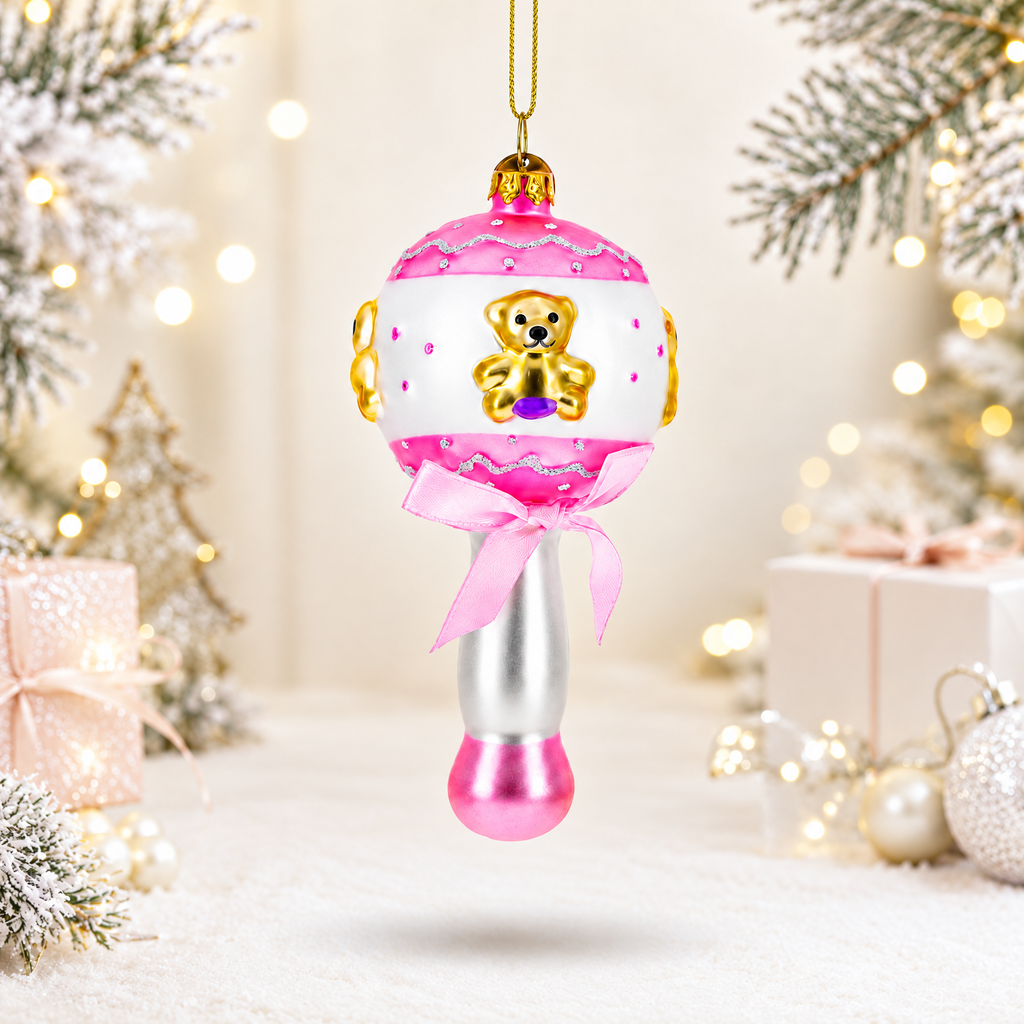 Delightful Baby Pink Rattle Glass Christmas Ornament