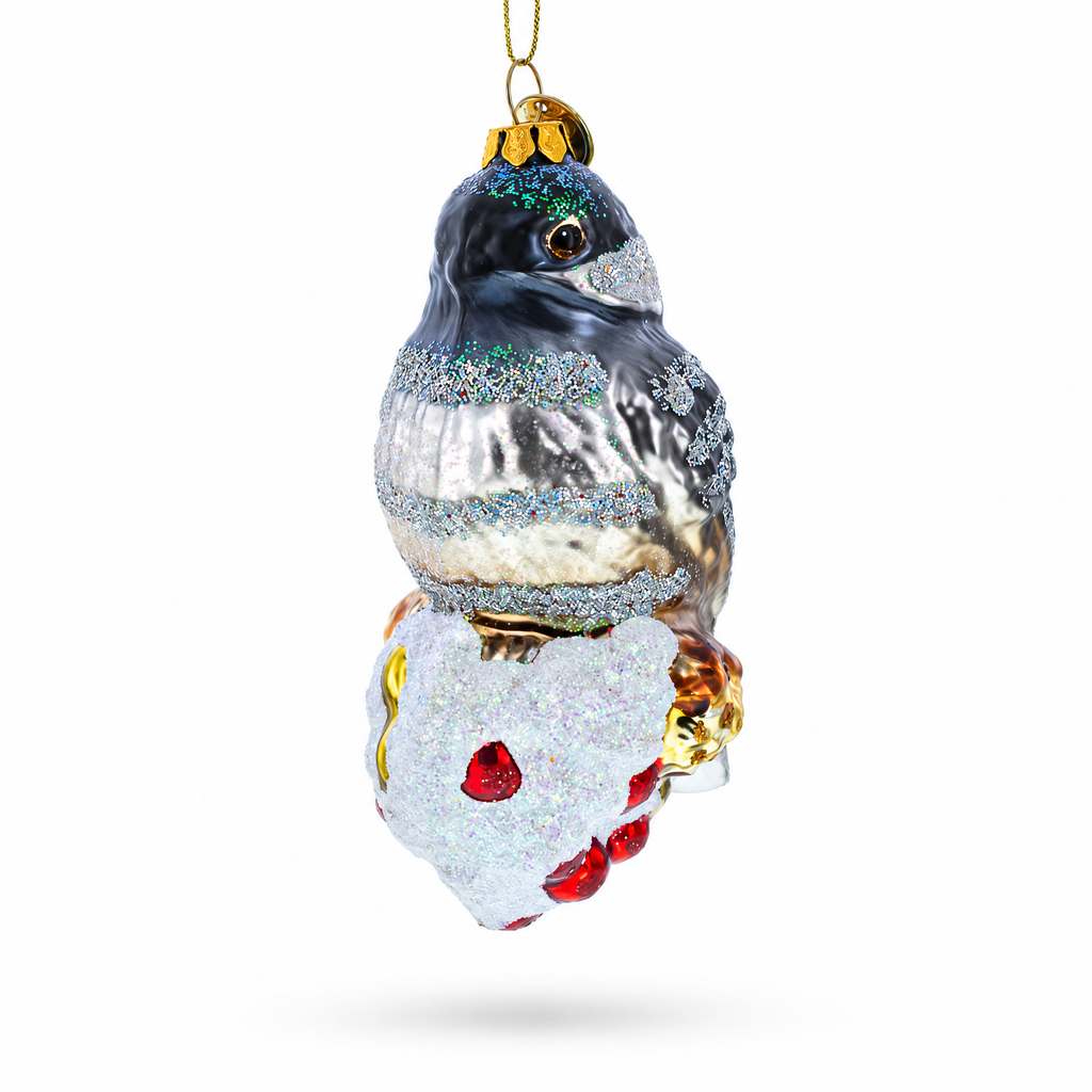 Chickadee Bird on Snowy Branch Glass Christmas Ornament