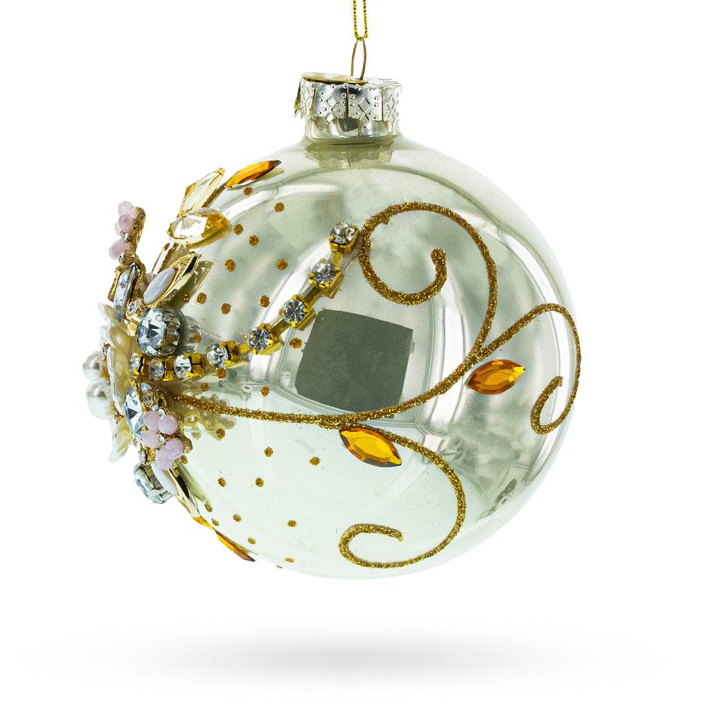 Exquisite Jeweled Flowers Adorning Glass Ball Christmas Ornament