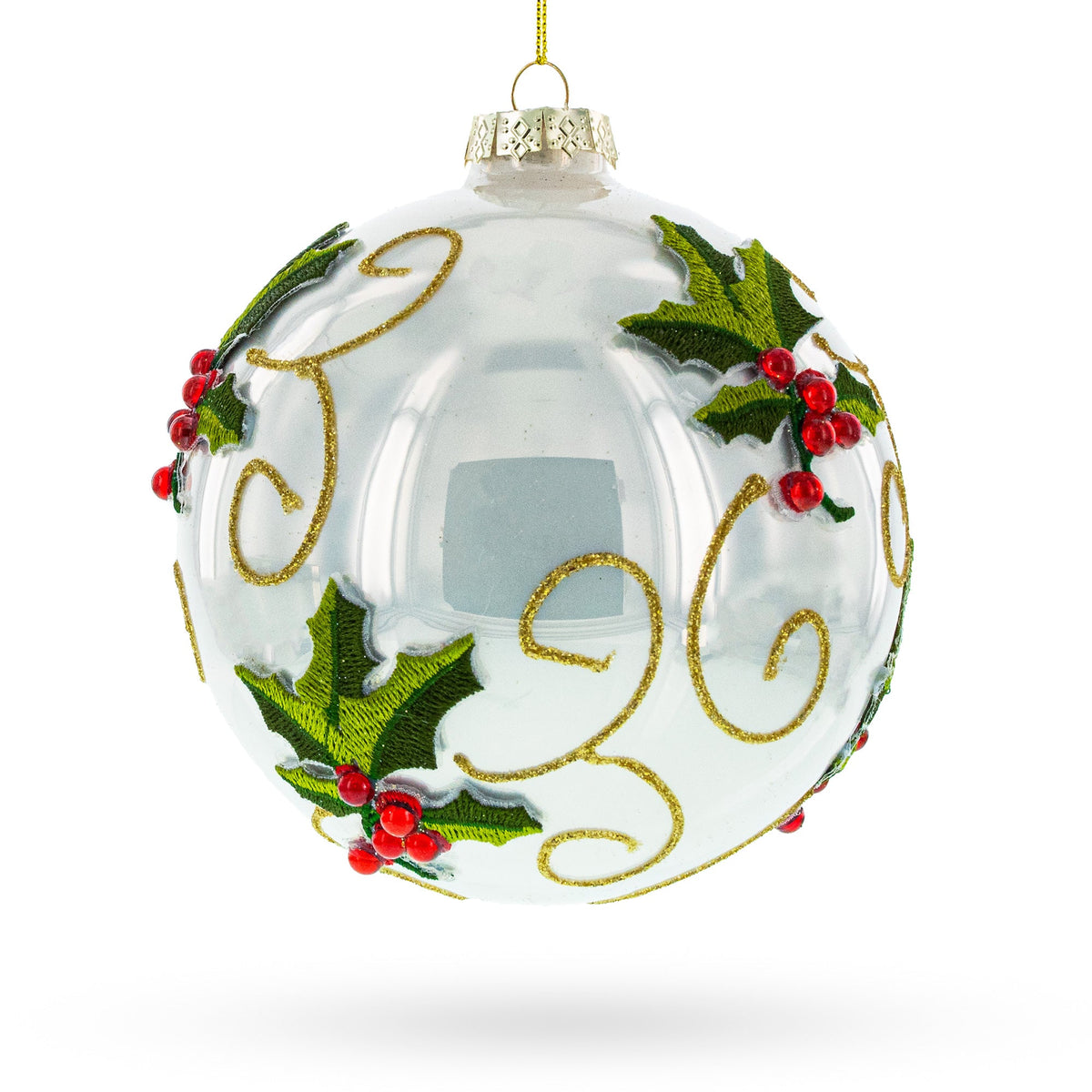 Embroidery Style Poinsettia Glass Ball Christmas Ornament