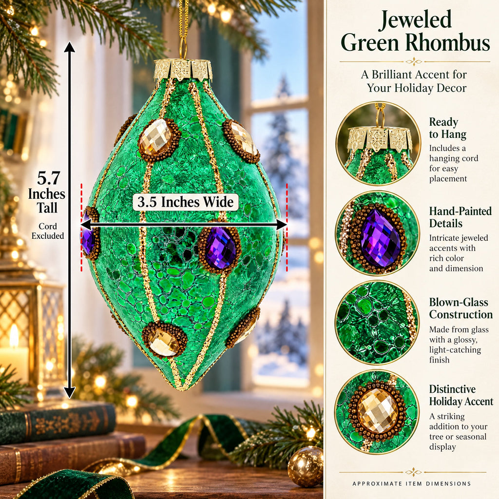Jeweled Green Rhombus -Glass Christmas Ornament