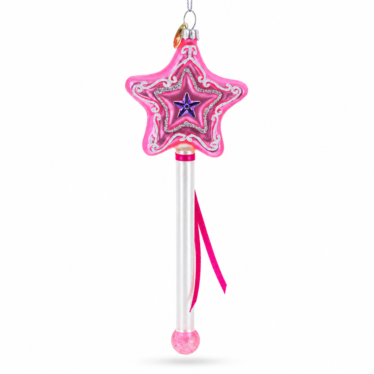 Magical Pink Star Wand Glass Christmas Ornament