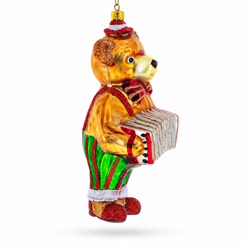 Bear Playing on Accordion Glass Christmas Ornament