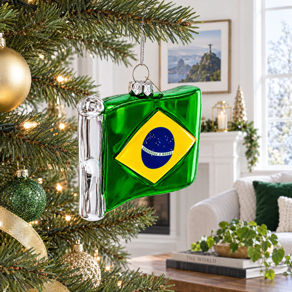 Waving Flag of Brazil Glass Christmas Ornament